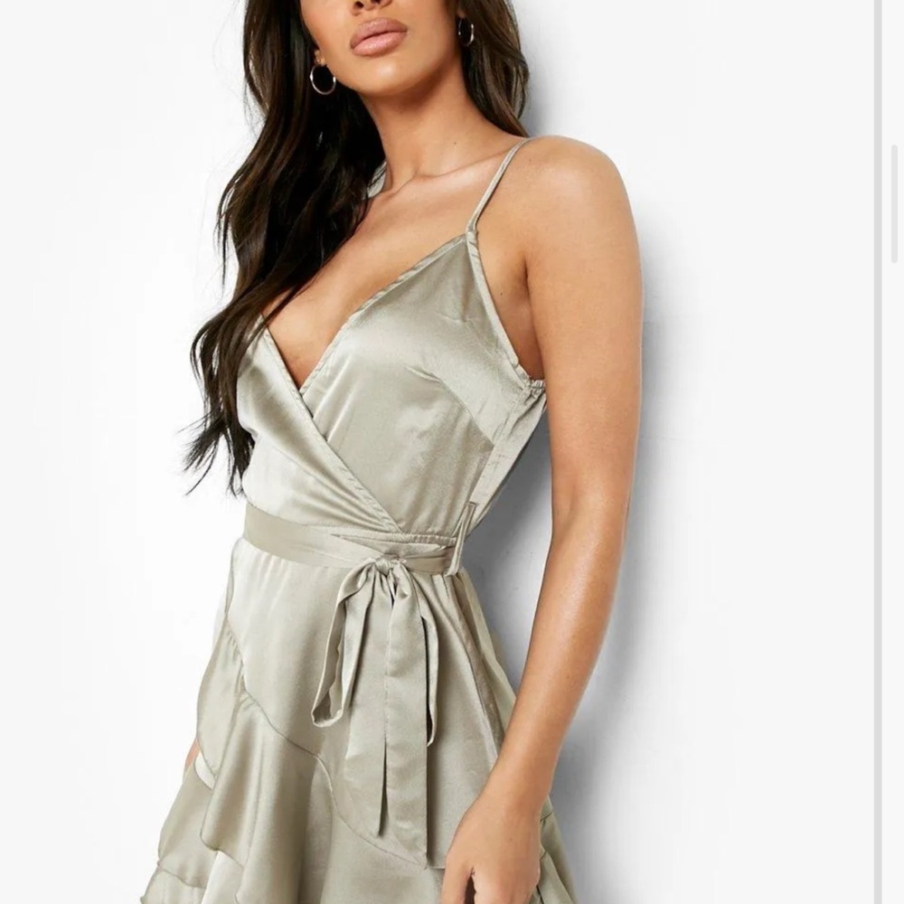 Boohoo Satin Wrap Dress in Silver